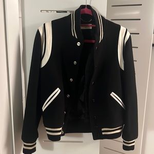 Saint Laurent Teddy leather-trimmed recycled wool-blend bomber jacket